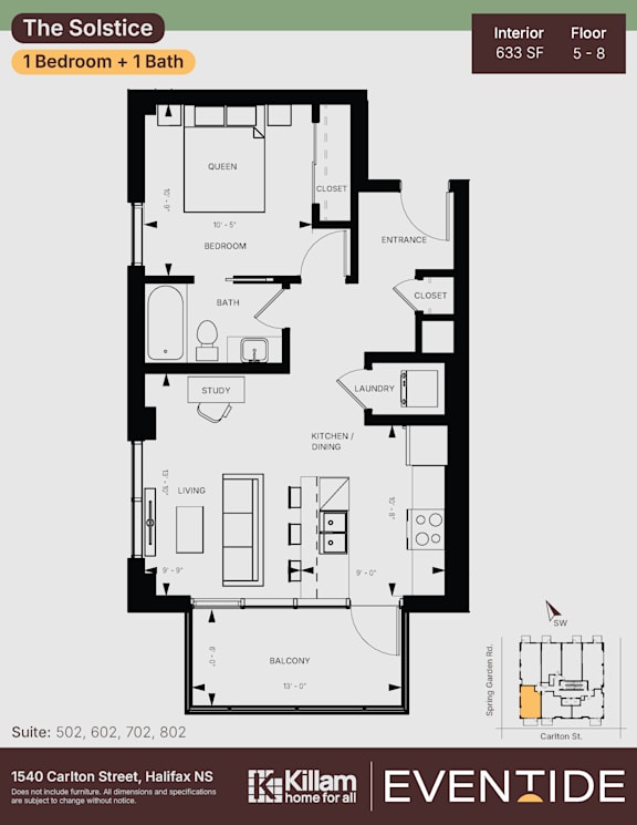 A floor plan for an interior of a 1 bedroom and 1 bathroom apartment.
