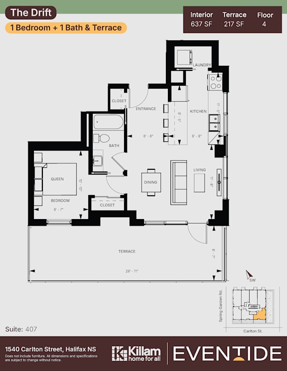 A floor plan for a 1 bedroom, 1 bath, and terrace apartment.