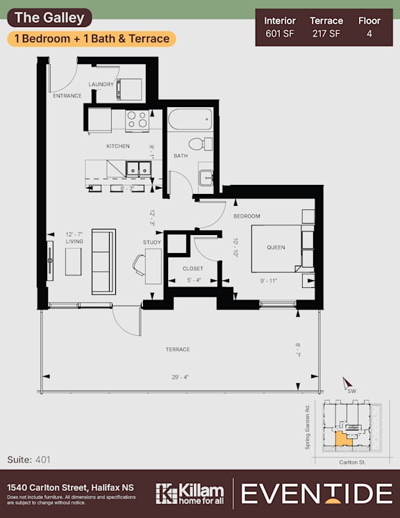A floor plan for a 1 bedroom, 1 bath, and terrace apartment.