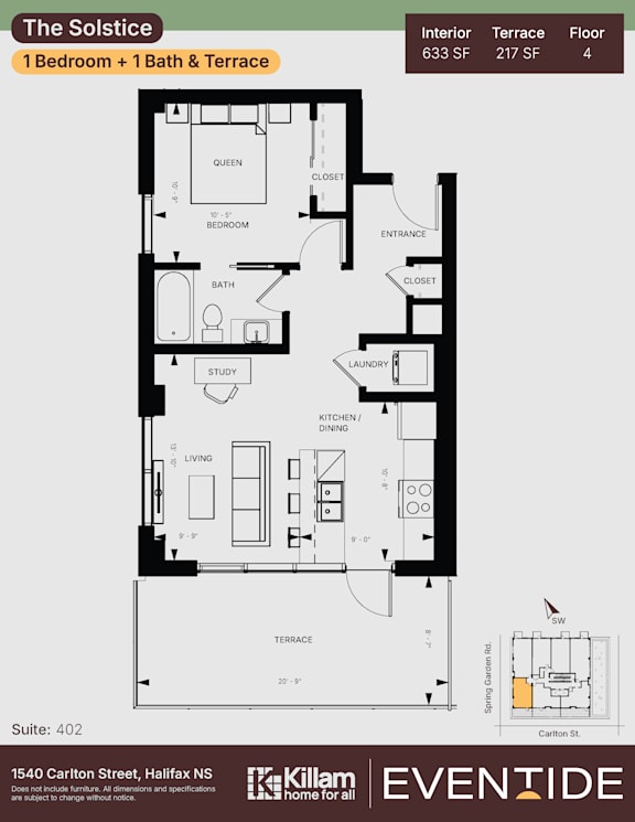 A floor plan for an apartment at The Solstice, a Kilam Eventide home, shows a 1 bedroom + 1 bath & terrace layout.