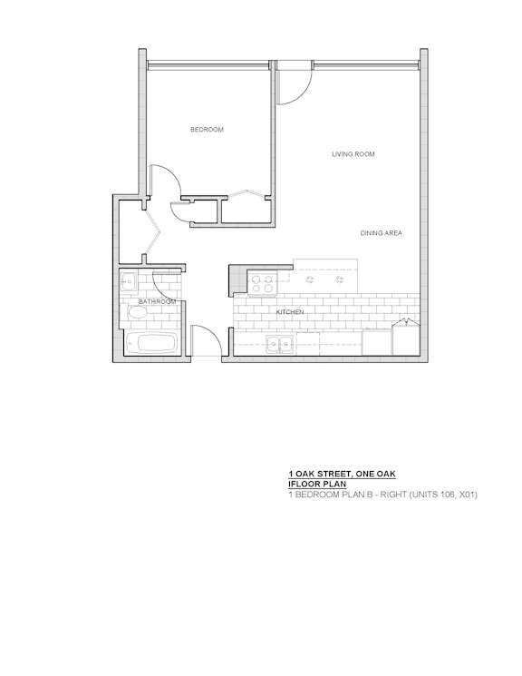 A floor plan for a one bedroom apartment on Oak Street.