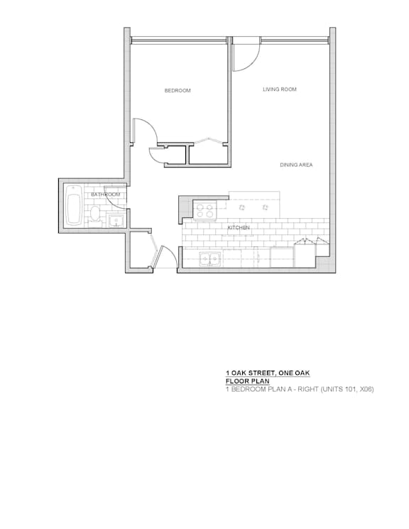 A black and white floor plan of a one bedroom apartment.