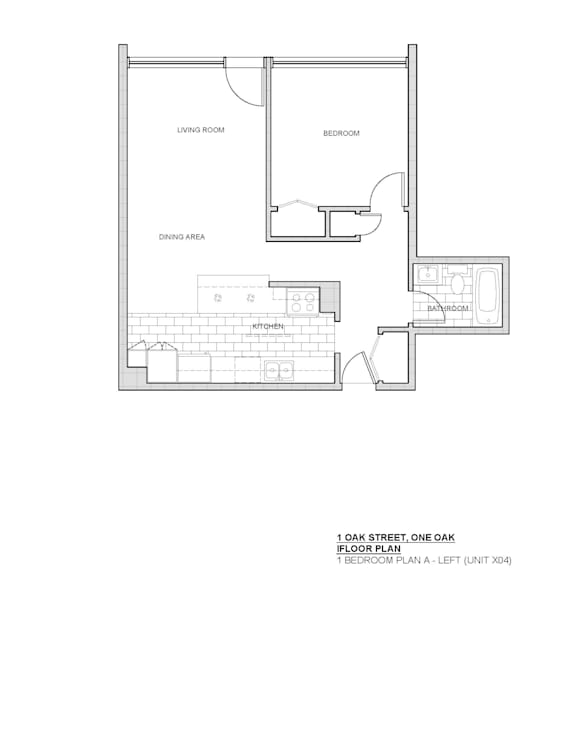 A floor plan of a one bedroom apartment with a living room, dining area and bathroom.