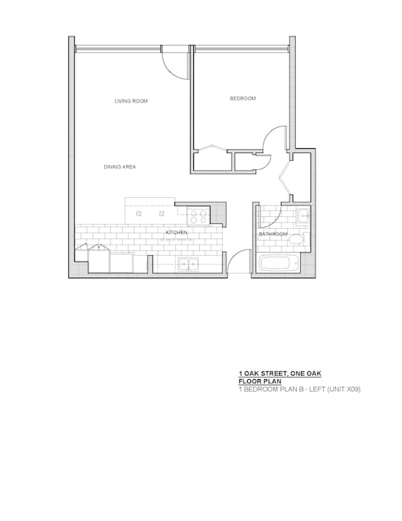 A floor plan for a unit at 1 Oak Street shows a living room, a dining area, a kitchen, and a bedroom.