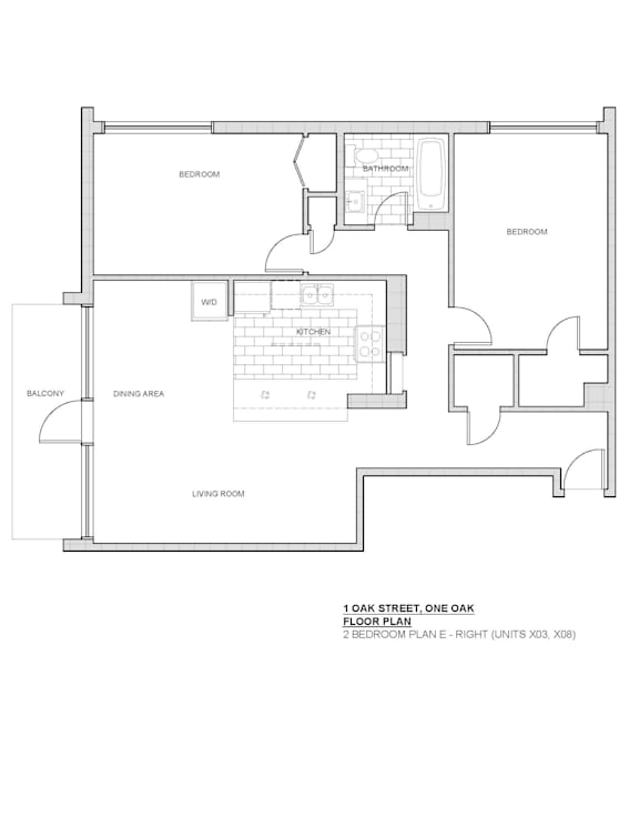 A black and white image of a 1 bedroom, 1 bathroom, 1 balcony, 1 dining area living room floor plan.