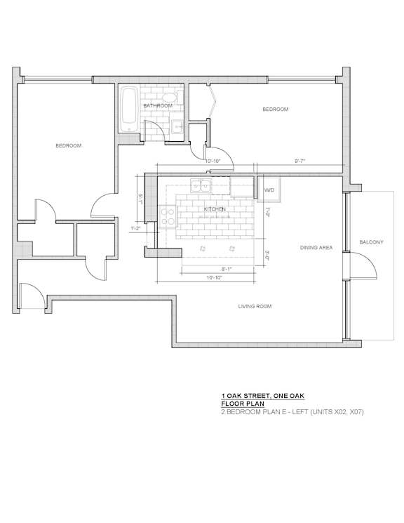 A floor plan of a two bedroom, one bathroom apartment.