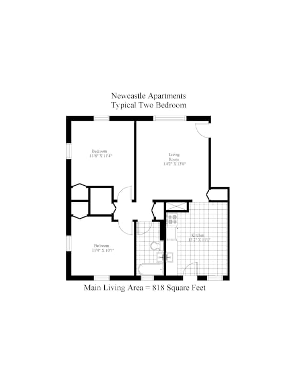 A floor plan of a two bedroom apartment with a living area of 818 square feet.