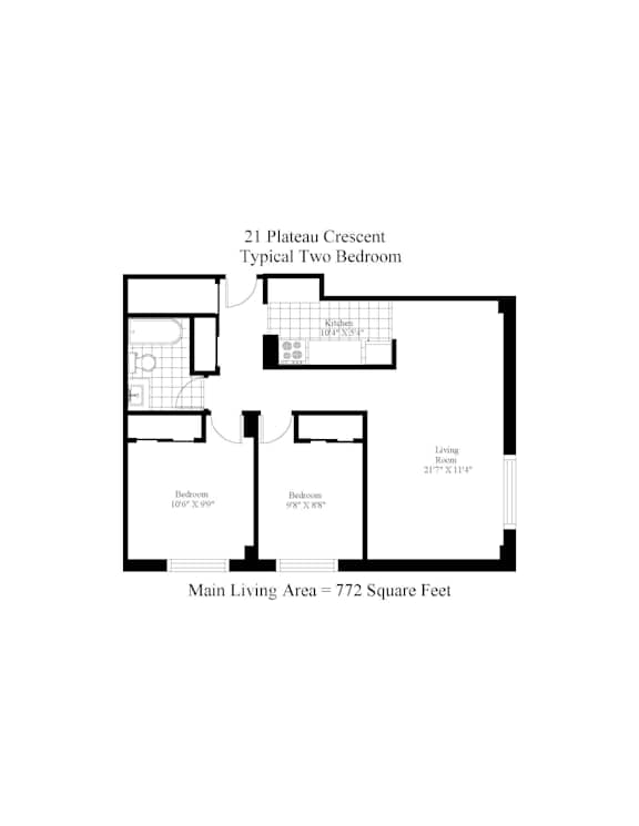 A floor plan of a two bedroom apartment with a living area.