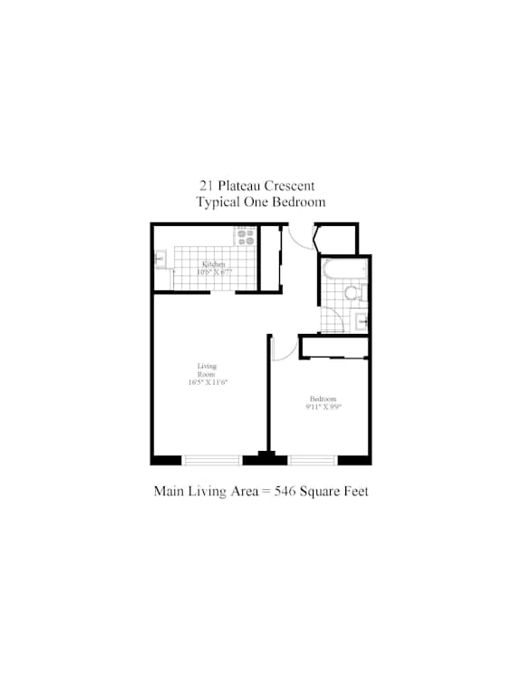 A floor plan of a 21 Plateau Crescent Typical One Bedroom showing the layout of the room.