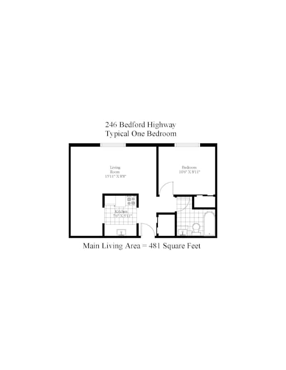 A floor plan of a one bedroom apartment at 246 Bedford Highway.