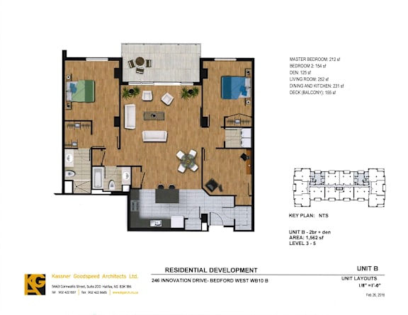 A floor plan for residential development with a master bedroom, two bedrooms, a living room, dining room, kitchen, and deck.