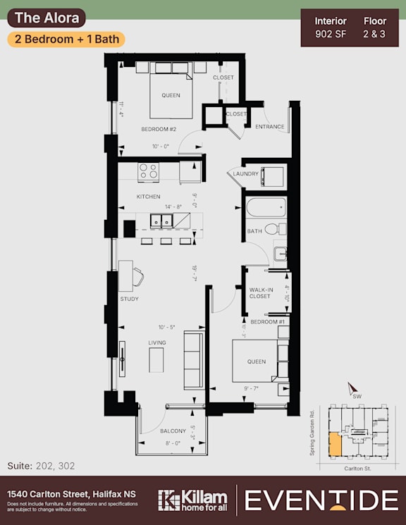 A floor plan for a 2 bedroom apartment with 1 bath.