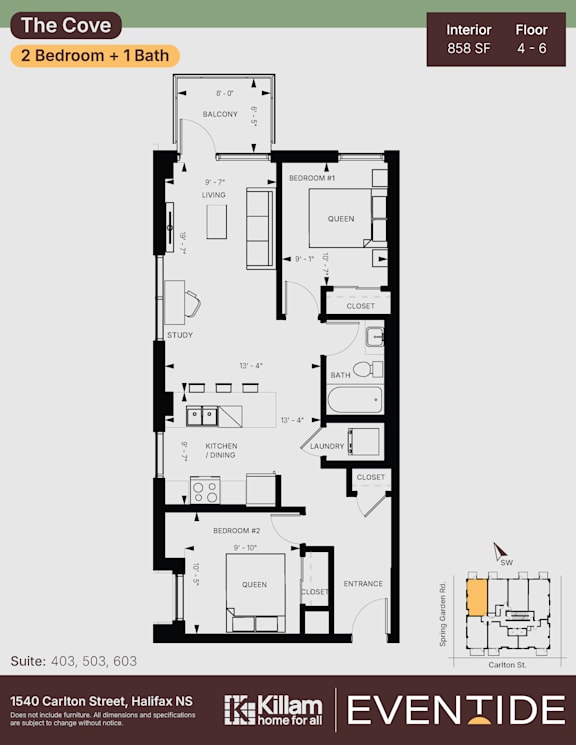 A floor plan for a 2 bedroom, 1 bathroom interior at The Cove.