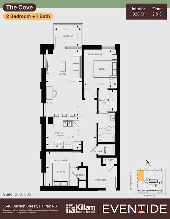 A floor plan for a 2 bedroom apartment with 1 bath.