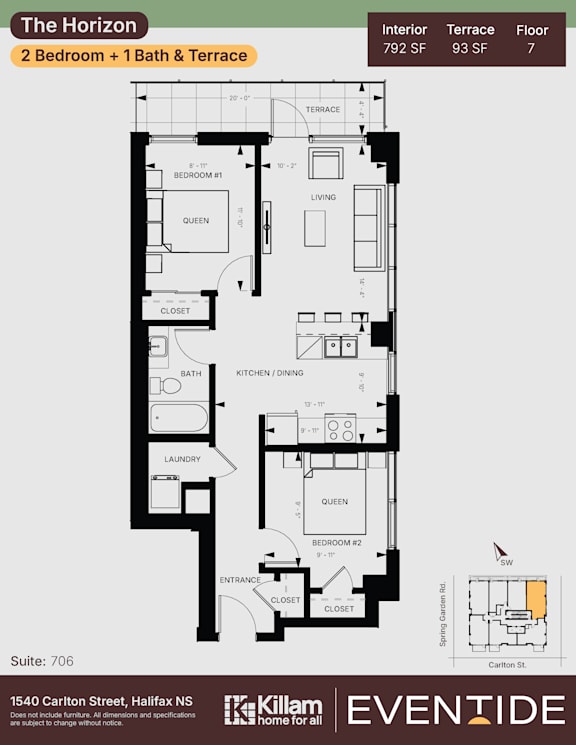 A floor plan for a 2 bedroom apartment with bath and terrace.