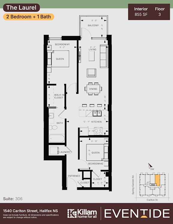 A floor plan for a property called The Laurel, which is a 2 bedroom + 1 bathroom suite.
