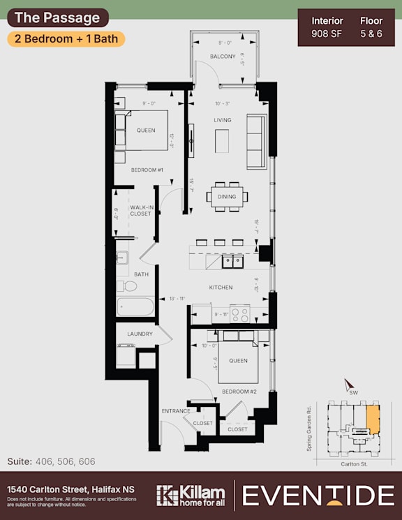 A floor plan for a 2 bedroom apartment with 1 bath.