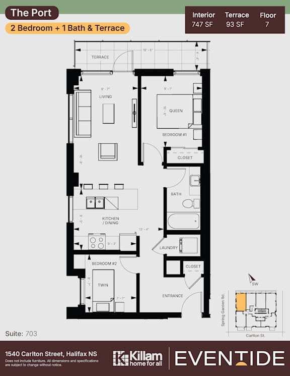 A floor plan for an apartment at The Port showing a 2 bedroom + 1 bath and terrace.