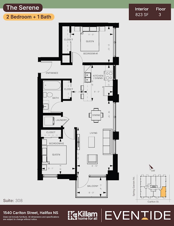 A floor plan for an apartment at 1540 Carton Street, Halifax NS.
