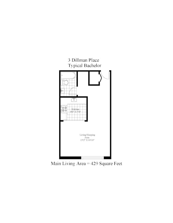 A floor plan of a 3 Dillman Place typicalbachelor apartment with a living room, two bedrooms, and a bathroom.