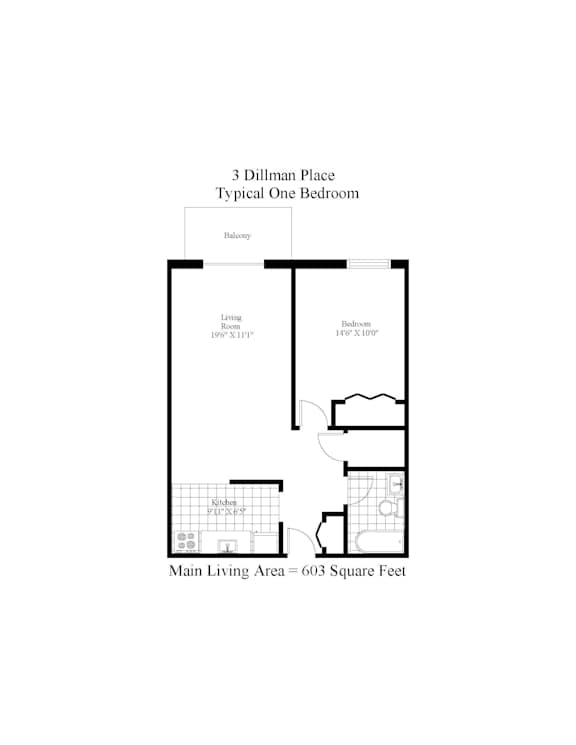 A floor plan of a 3 Dillman Place typical one bedroom apartment.