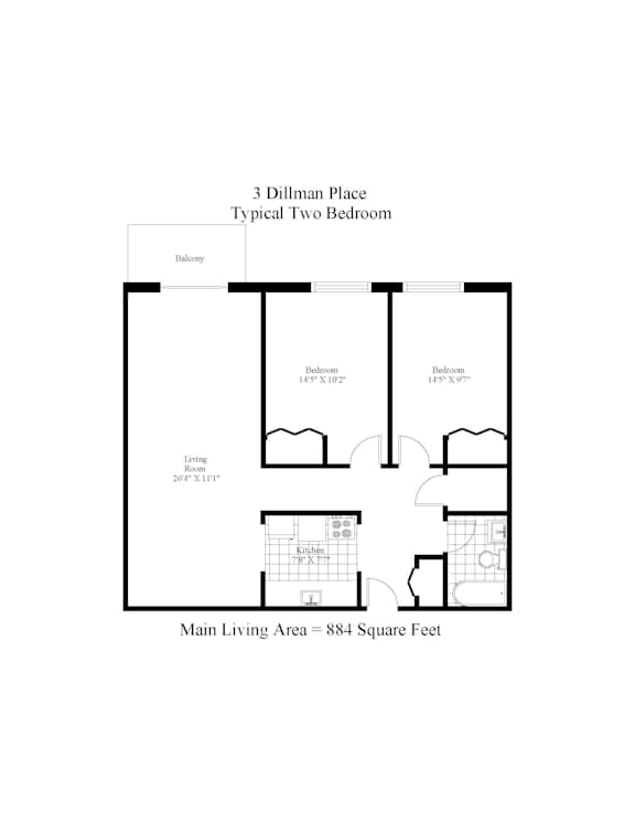 A floor plan of a 3 Dillman Place, a typical two bedroom apartment with a living room, two bedrooms, and a balcony.