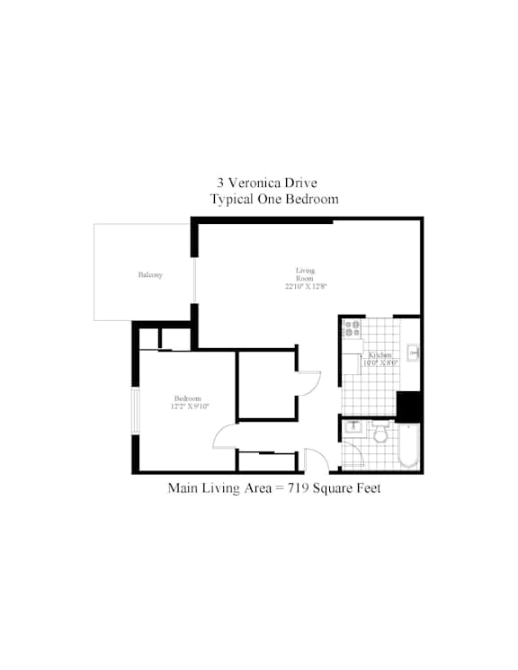 A floor plan of a typical one bedroom apartment at 3 Veronica Drive.