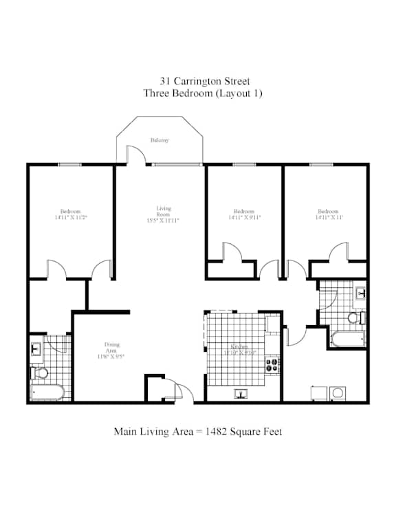 A black and white image of a floor plan for a three bedroom apartment.