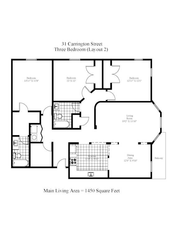 A drawing of a 3 bedroom apartment layout on Carrington Street.