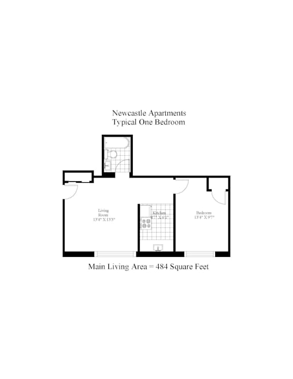 A floor plan of a typical one bedroom apartment in Newcastle with a living area of 484 square feet.
