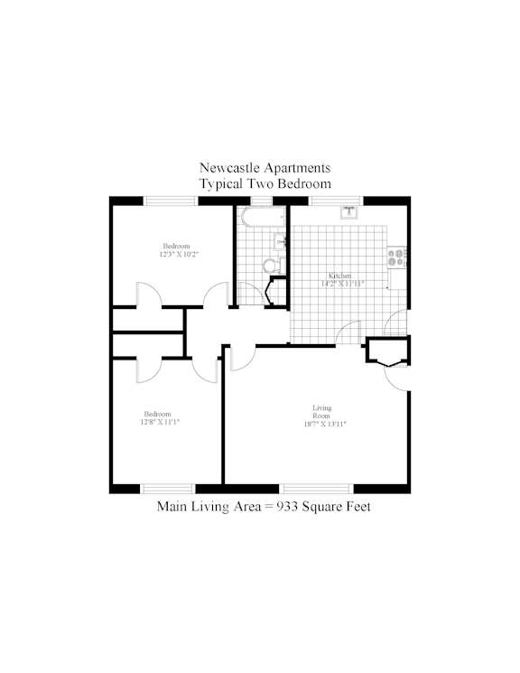 A floor plan for a two bedroom apartment with a living room and kitchen.