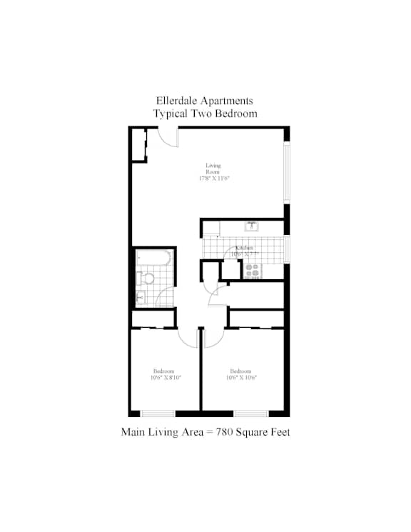 A floor plan of a two bedroom apartment with a living room, two bathrooms, and a kitchen.