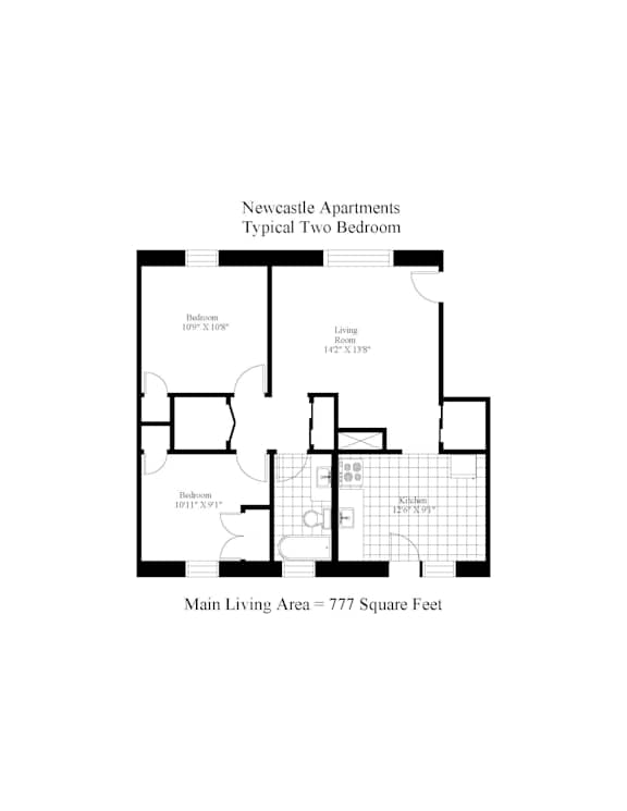 A floor plan of a two bedroom apartment in Newcastle.