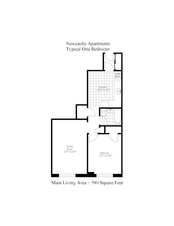 A floor plan of a typical one bedroom apartment in Newcastle with a living room, bedroom, and kitchen.