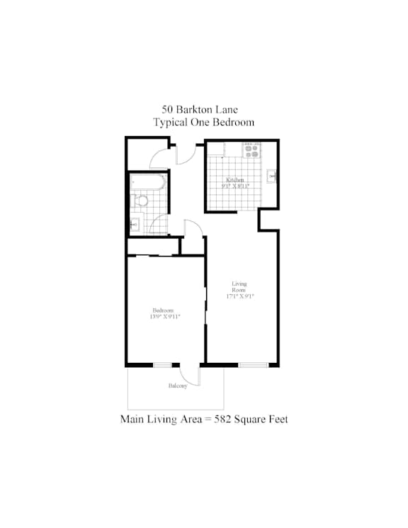 A floor plan of a typical one bedroom apartment at 50 Barkton Lane.