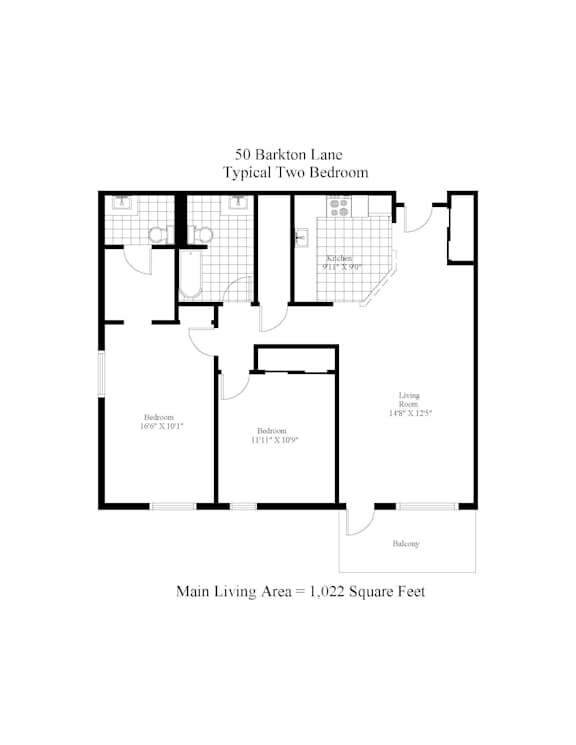 A floor plan for a two bedroom apartment at 50 Barkton Lane.