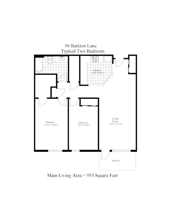A floor plan of a two bedroom apartment at 50 Barkton Lane.