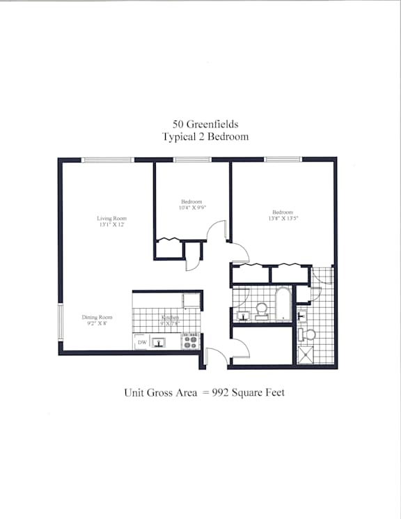 A floor plan for a 2 Bedroom apartment at 50 Greenfields.