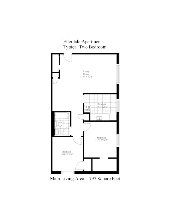 A drawing of a two bedroom apartment with a living room, kitchen, and bathroom.