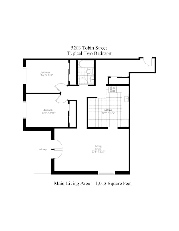 A floor plan for a typical two bedroom apartment at 5206 Tobin Street.
