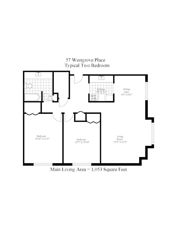 A floor plan of a two bedroom apartment at 57 Westgrove Place.