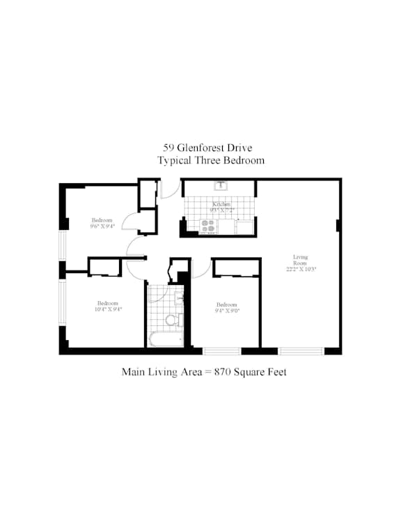 A black and white image of a floor plan for a three bedroom apartment.