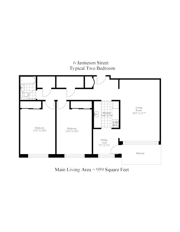A floor plan of a two bedroom apartment at 6 Jamieson Street.