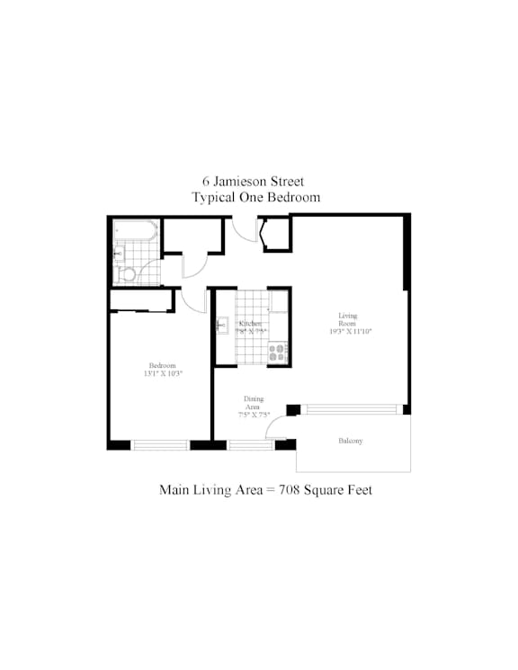 A floor plan of a one bedroom apartment at 6 Jamieson Street.
