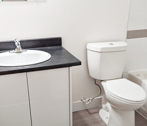 A white toilet is next to a sink in a bathroom.