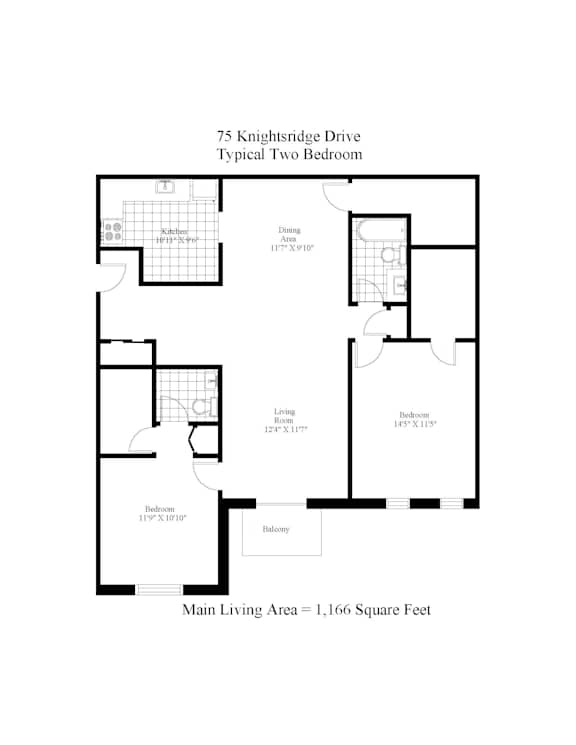 A floor plan of a two bedroom apartment at 75 Knights drive.