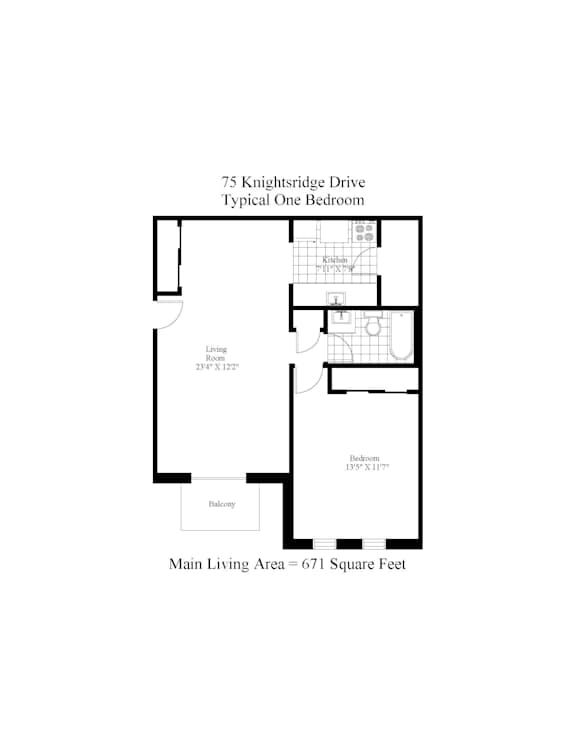 A floor plan of a typical one bedroom apartment at 75 Knightsbridge Drive.