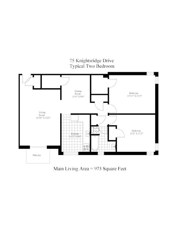 A floor plan of a two bedroom apartment at 75 Knightsridge Drive.