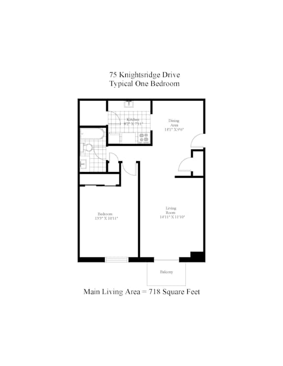 A floor plan of a typical one bedroom apartment at 75 Knightsbridge Drive.