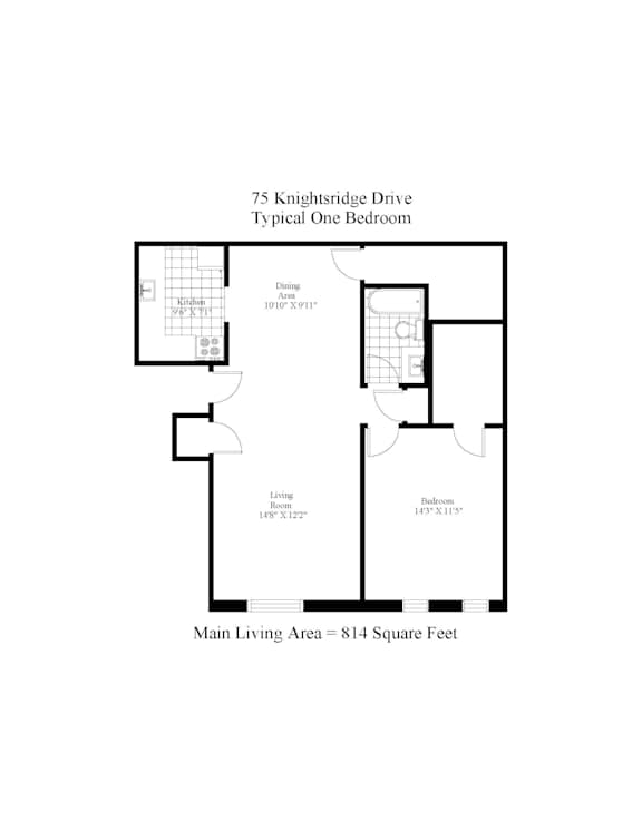 A floor plan for a one bedroom apartment at 75 Knightsridge Drive.
